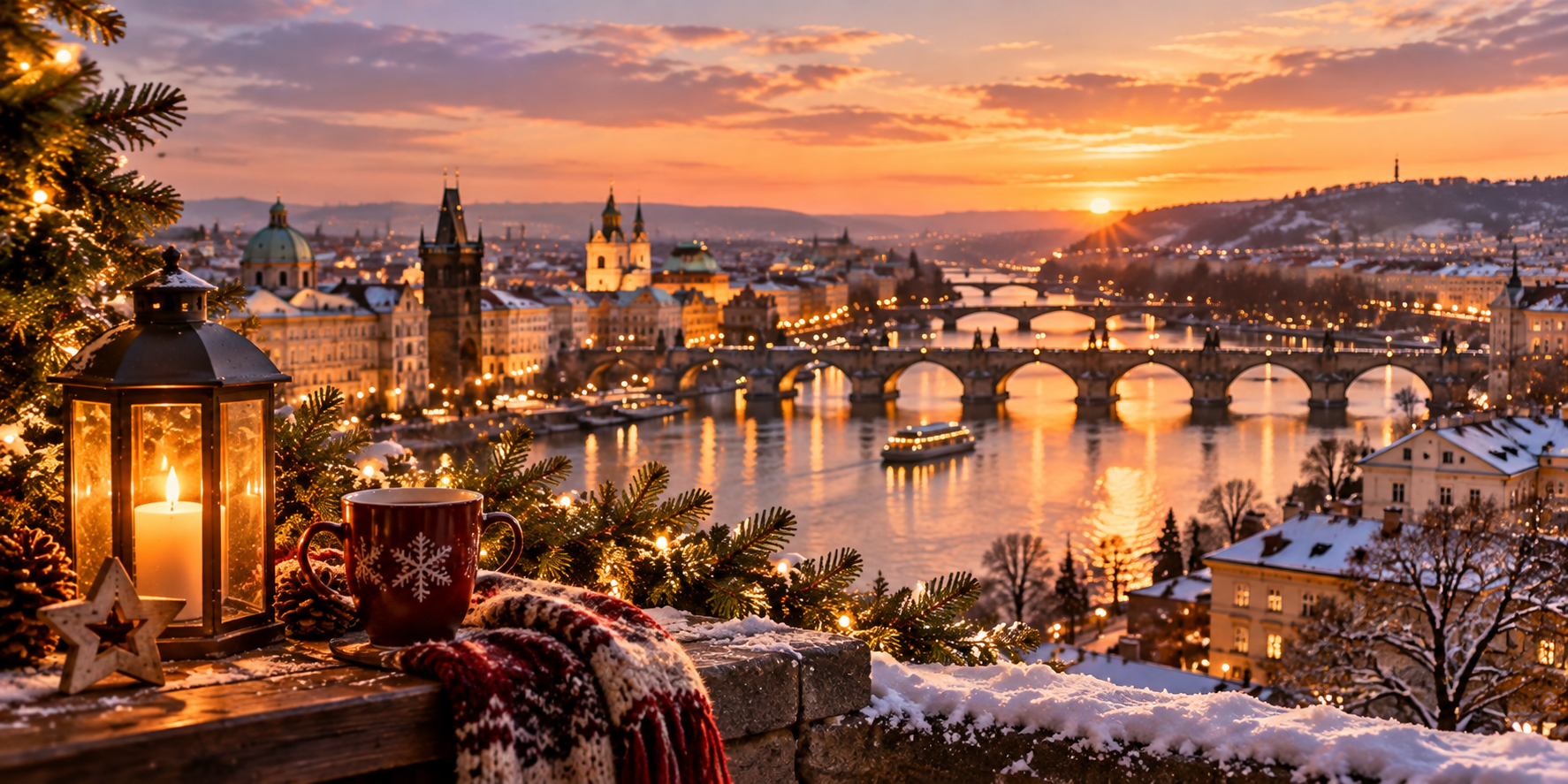 Zimní adventní atmosféra evropského města při západu slunce
