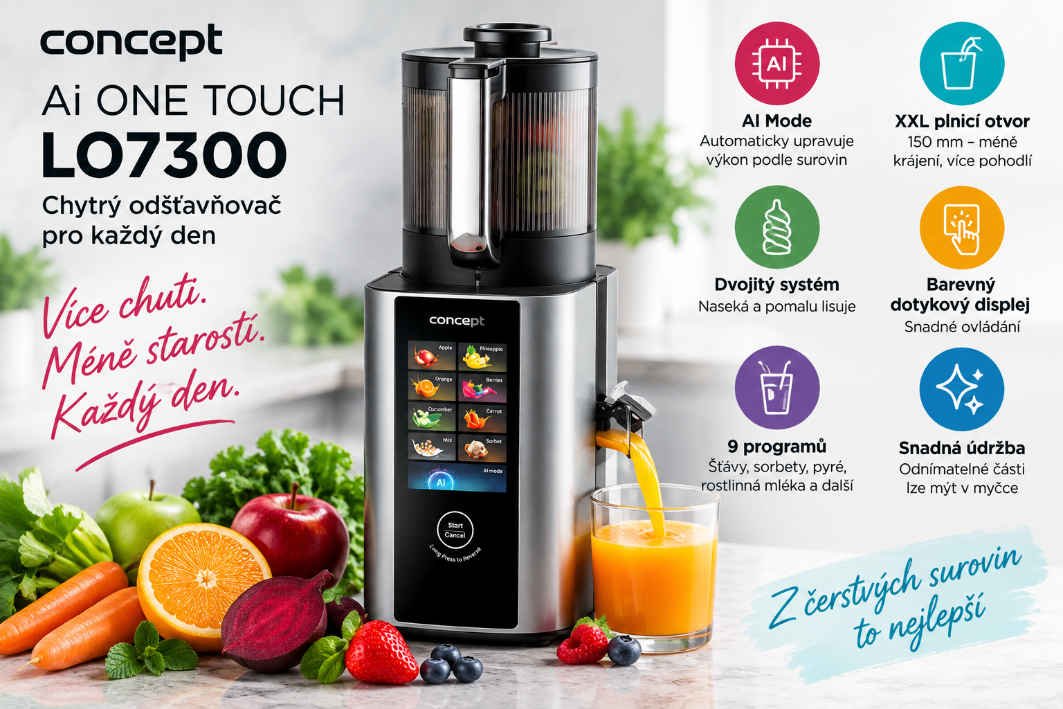Concept LO7300 Ai ONE TOUCH – chytrý AI odšťavňovač